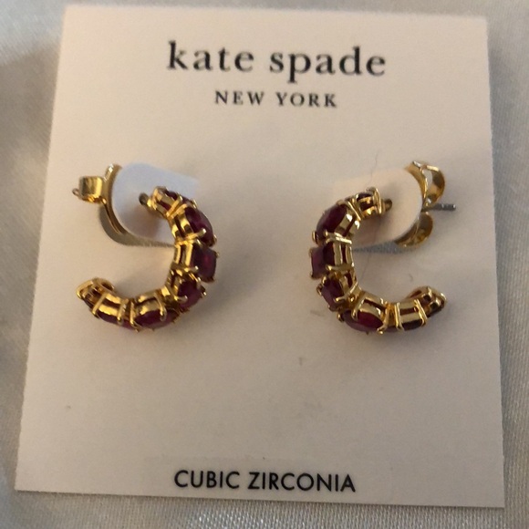 Kate Spade Gold Tone & Red Cubic Zirconia Candy Shop C-Shape Hoop Earrings NWT - Picture 10 of 12